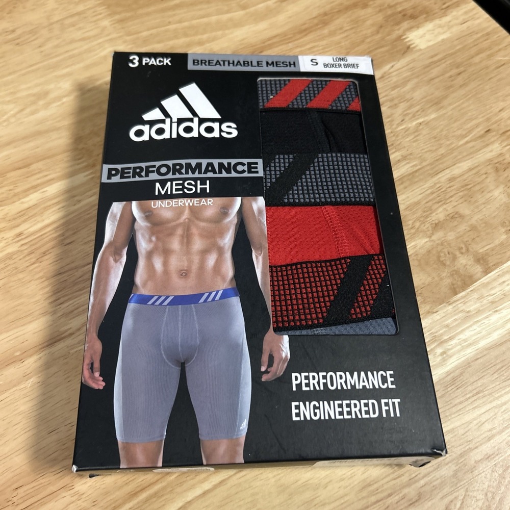 Adidas Performance Mesh Long Boxer Briefs 3 Pack Red Gray Black Mens Small 9in